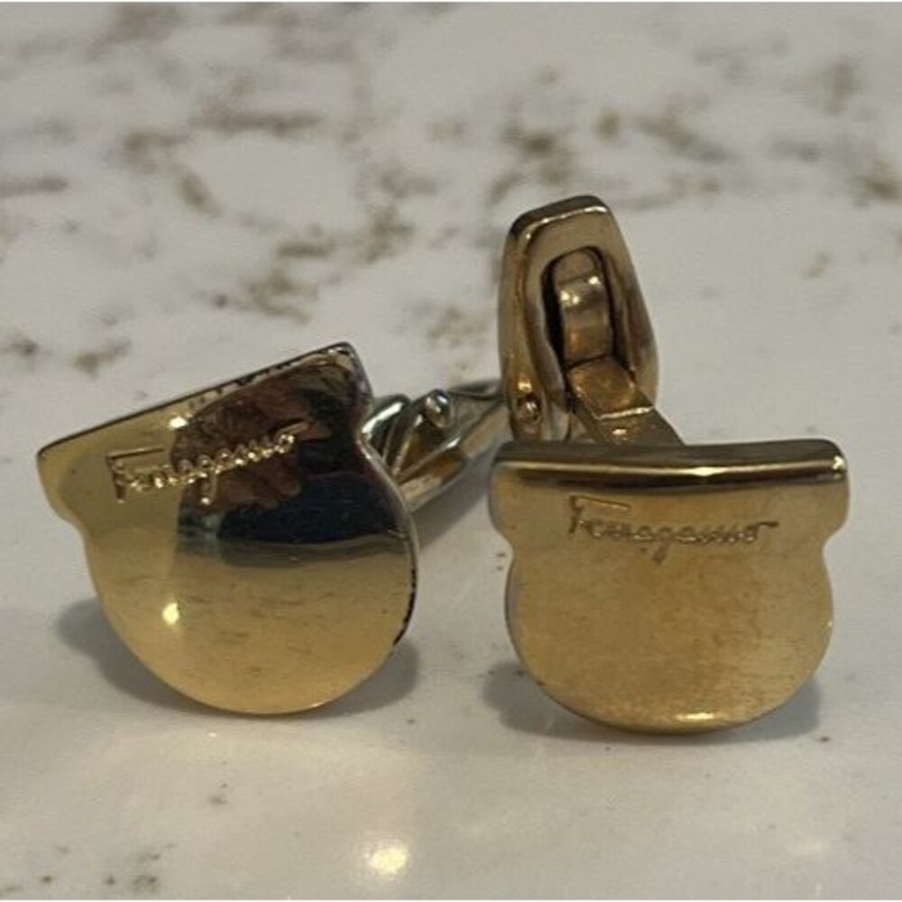 Salvatore Ferragamo Cufflinks Gancini & Logo Gold. See description.